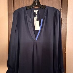 Joie Addie B 100% Silk Navy Contrast 3/4 Blouse (NEW!!)